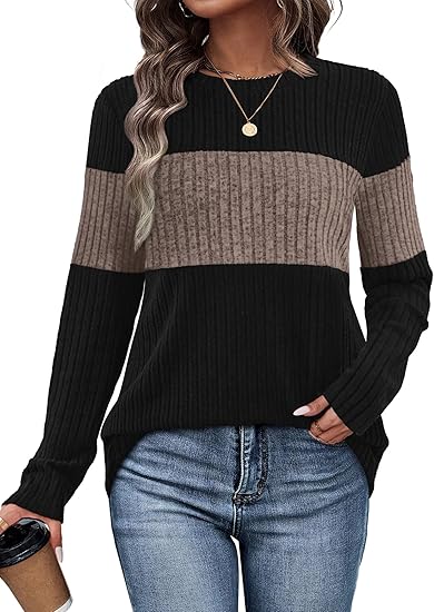 Womens Sweaters Trendy Color Block Tops Long Sleeve Shirts Fall Outfits Early Fall Fashion 2025 Winter Clothing