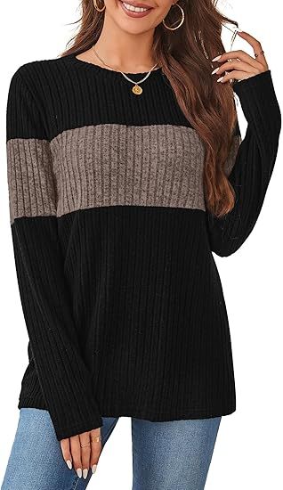 Womens Sweaters Trendy Color Block Tops Long Sleeve Shirts Fall Outfits Early Fall Fashion 2025 Winter Clothing