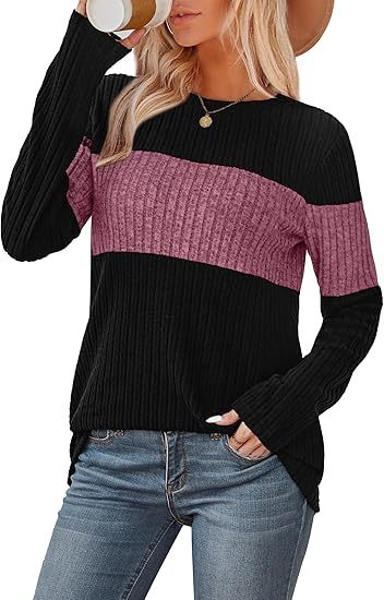 Womens Sweaters Trendy Color Block Tops Long Sleeve Shirts Fall Outfits Early Fall Fashion 2025 Winter Clothing