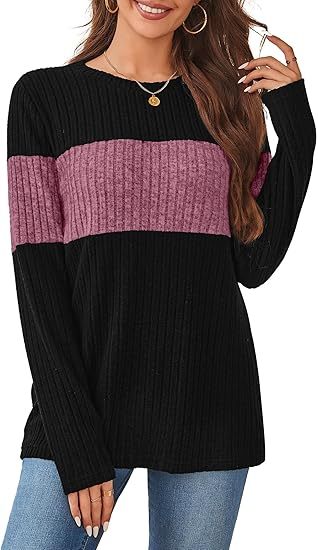Womens Sweaters Trendy Color Block Tops Long Sleeve Shirts Fall Outfits Early Fall Fashion 2025 Winter Clothing