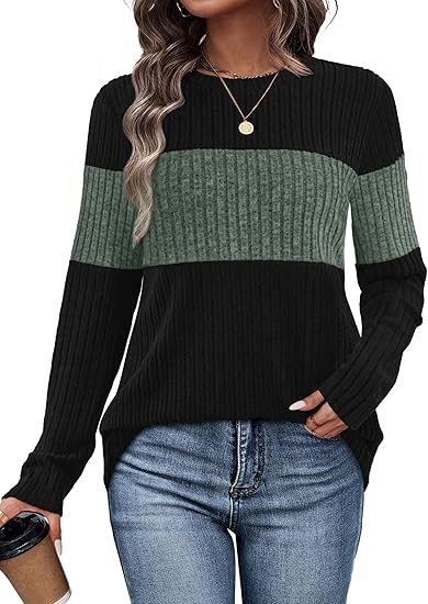 Womens Sweaters Trendy Color Block Tops Long Sleeve Shirts Fall Outfits Early Fall Fashion 2025 Winter Clothing