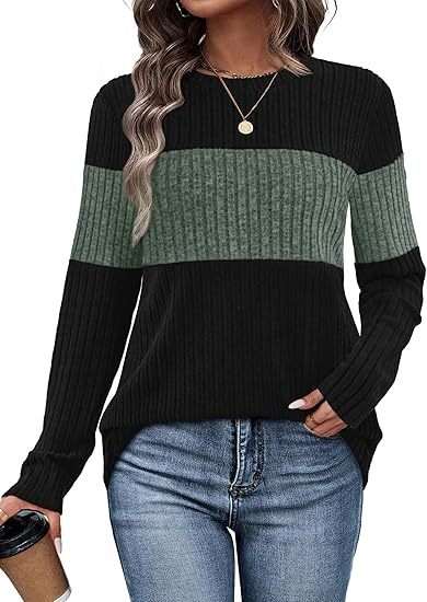 Womens Sweaters Trendy Color Block Tops Long Sleeve Shirts Fall Outfits Early Fall Fashion 2025 Winter Clothing