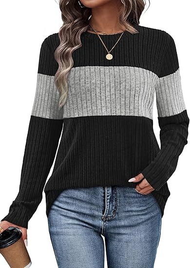 Womens Sweaters Trendy Color Block Tops Long Sleeve Shirts Fall Outfits Early Fall Fashion 2025 Winter Clothing