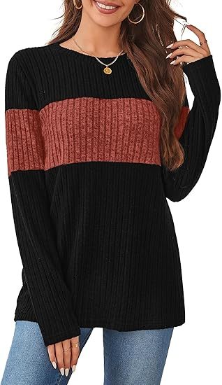 Womens Sweaters Trendy Color Block Tops Long Sleeve Shirts Fall Outfits Early Fall Fashion 2025 Winter Clothing