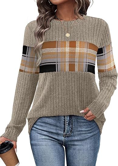 Womens Sweaters Trendy Color Block Tops Long Sleeve Shirts Fall Outfits Early Fall Fashion 2025 Winter Clothing