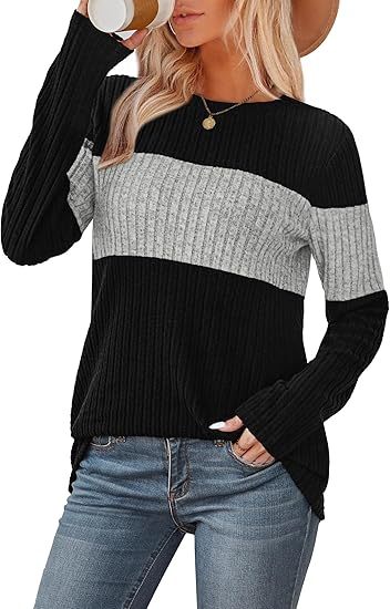 Womens Sweaters Trendy Color Block Tops Long Sleeve Shirts Fall Outfits Early Fall Fashion 2025 Winter Clothing