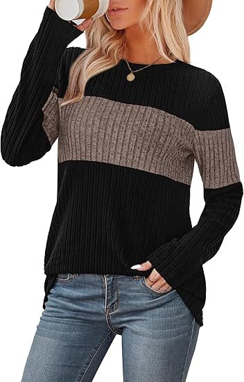 Womens Sweaters Trendy Color Block Tops Long Sleeve Shirts Fall Outfits Early Fall Fashion 2025 Winter Clothing
