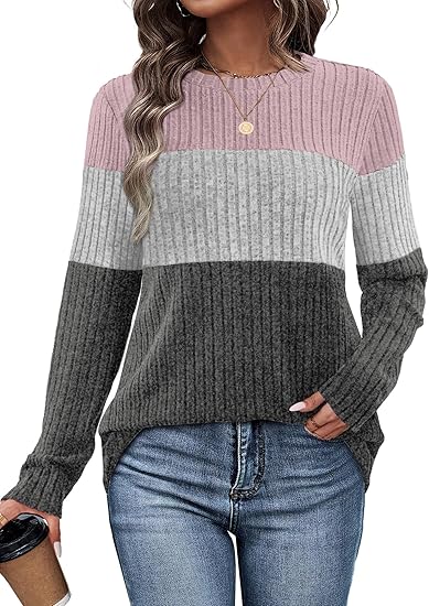 Womens Sweaters Trendy Color Block Tops Long Sleeve Shirts Fall Outfits Early Fall Fashion 2025 Winter Clothing