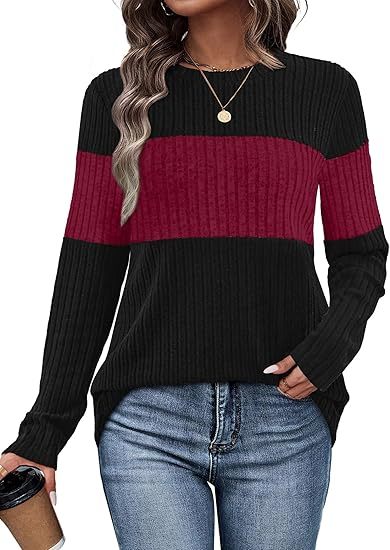 Womens Sweaters Trendy Color Block Tops Long Sleeve Shirts Fall Outfits Early Fall Fashion 2025 Winter Clothing