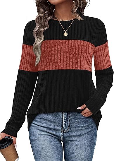 Womens Sweaters Trendy Color Block Tops Long Sleeve Shirts Fall Outfits Early Fall Fashion 2025 Winter Clothing