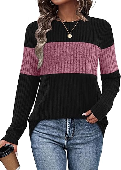 Womens Sweaters Trendy Color Block Tops Long Sleeve Shirts Fall Outfits Early Fall Fashion 2025 Winter Clothing
