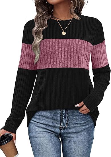 Womens Sweaters Trendy Color Block Tops Long Sleeve Shirts Fall Outfits Early Fall Fashion 2025 Winter Clothing