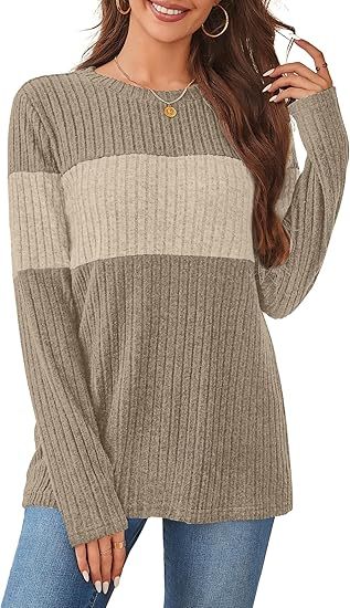 Womens Sweaters Trendy Color Block Tops Long Sleeve Shirts Fall Outfits Early Fall Fashion 2025 Winter Clothing