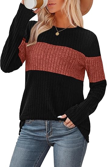 Womens Sweaters Trendy Color Block Tops Long Sleeve Shirts Fall Outfits Early Fall Fashion 2025 Winter Clothing