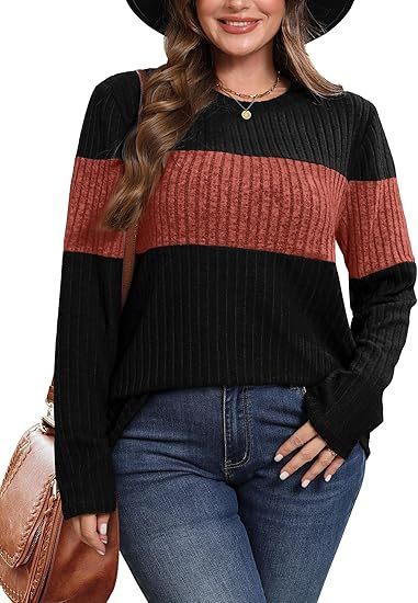 Womens Sweaters Trendy Color Block Tops Long Sleeve Shirts Fall Outfits Early Fall Fashion 2025 Winter Clothing