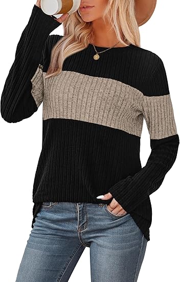 Womens Sweaters Trendy Color Block Tops Long Sleeve Shirts Fall Outfits Early Fall Fashion 2025 Winter Clothing