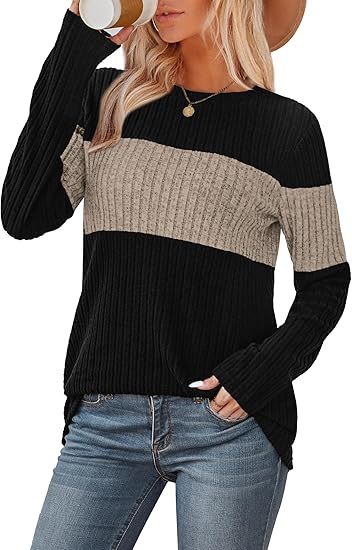 Womens Sweaters Trendy Color Block Tops Long Sleeve Shirts Fall Outfits Early Fall Fashion 2025 Winter Clothing