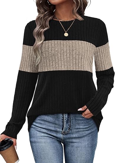 Womens Sweaters Trendy Color Block Tops Long Sleeve Shirts Fall Outfits Early Fall Fashion 2025 Winter Clothing