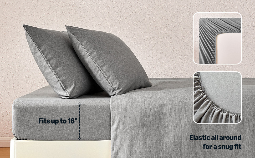 Amazon Basics Sheet Set Cationic Microfiber 4-Piece Bedding Set, Wrinkle Free and Easy Fit, Easy Care Bedding with 1 Deep Pocket Fitted Sheet, 1 Flat Sheet, and 2 Pillowcases, Queen, Gray