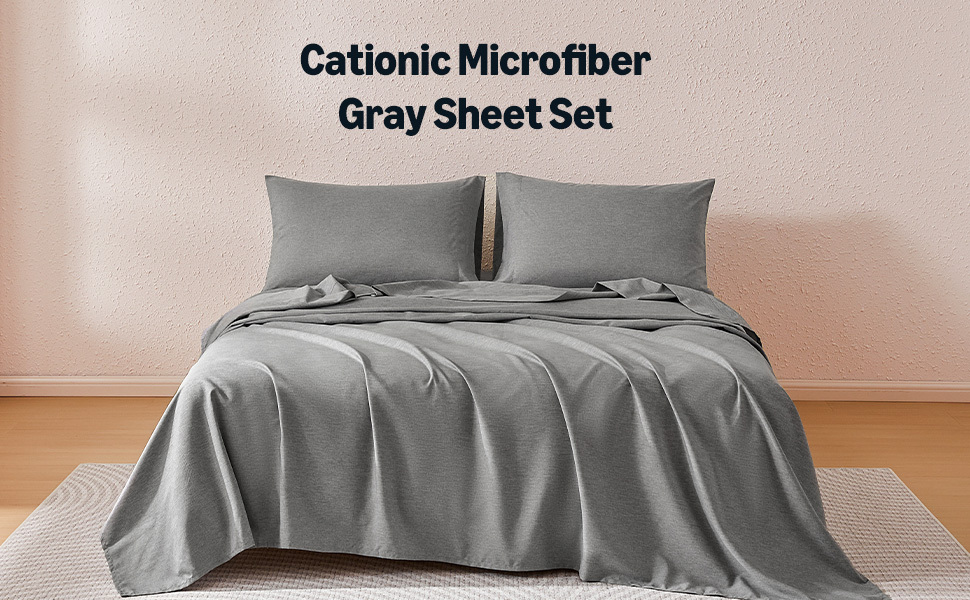 Amazon Basics Sheet Set Cationic Microfiber 4-Piece Bedding Set, Wrinkle Free and Easy Fit, Easy Care Bedding with 1 Deep Pocket Fitted Sheet, 1 Flat Sheet, and 2 Pillowcases, Queen, Gray