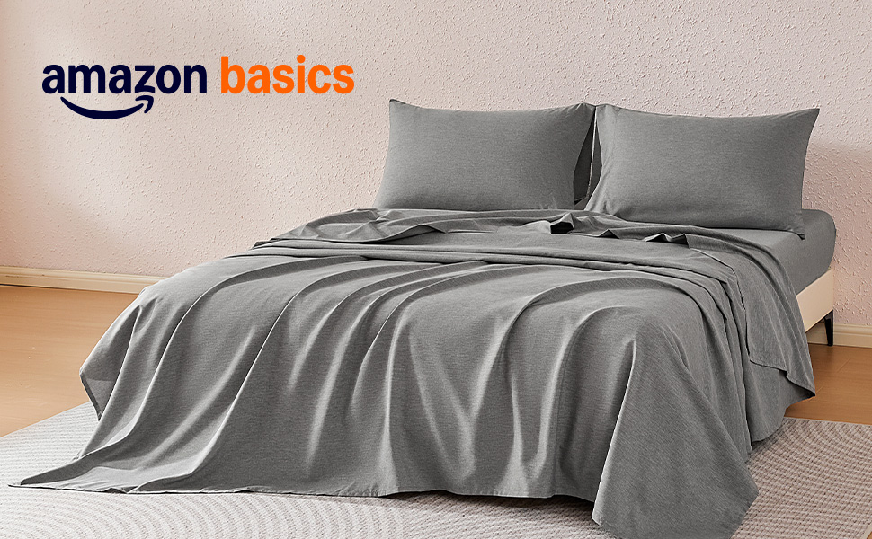 Amazon Basics Sheet Set Cationic Microfiber 4-Piece Bedding Set, Wrinkle Free and Easy Fit, Easy Care Bedding with 1 Deep Pocket Fitted Sheet, 1 Flat Sheet, and 2 Pillowcases, Queen, Gray