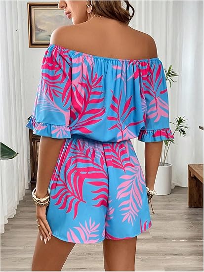 Women's Off The Shoulder Romper Boho Elastic Waist Shorts Jumpsuit Dressy Casual Vacation Outfits