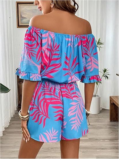 Women's Off The Shoulder Romper Boho Elastic Waist Shorts Jumpsuit Dressy Casual Vacation Outfits