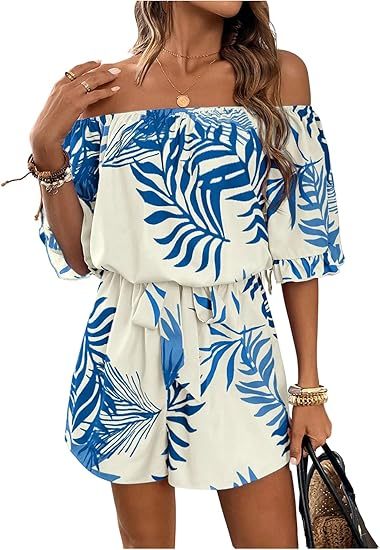 Women's Off The Shoulder Romper Boho Elastic Waist Shorts Jumpsuit Dressy Casual Vacation Outfits