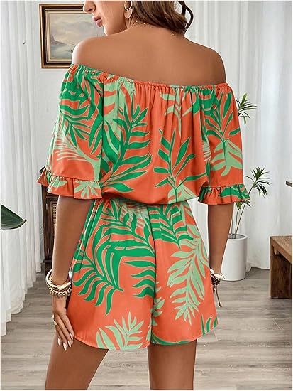Women's Off The Shoulder Romper Boho Elastic Waist Shorts Jumpsuit Dressy Casual Vacation Outfits