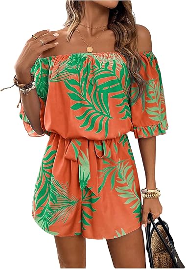 Women's Off The Shoulder Romper Boho Elastic Waist Shorts Jumpsuit Dressy Casual Vacation Outfits