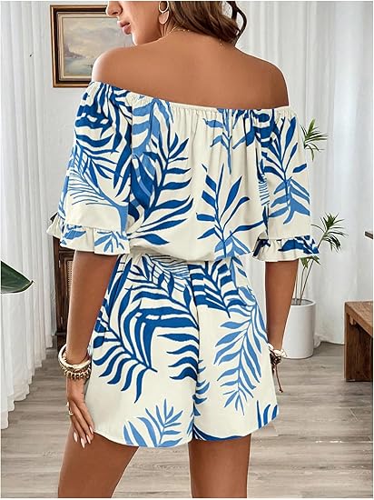 Women's Off The Shoulder Romper Boho Elastic Waist Shorts Jumpsuit Dressy Casual Vacation Outfits