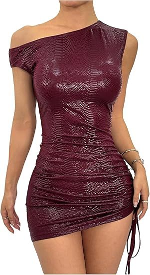 Women's Off Shoulder Pu Leather Mini Dress Sexy Drawstring Ruched Party Club Short Dresses