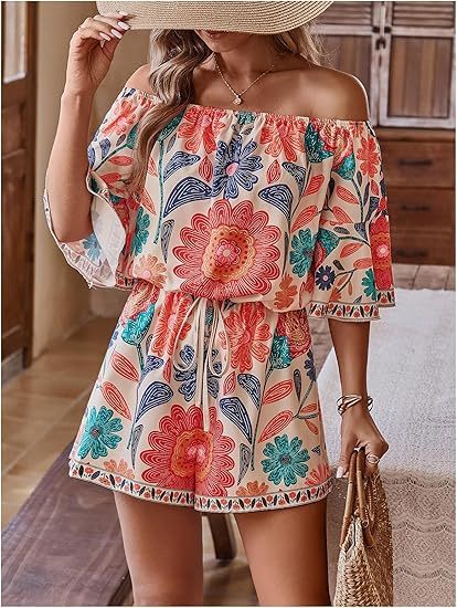 Women's Off The Shoulder Romper Boho Elastic Waist Shorts Jumpsuit Dressy Casual Vacation Outfits