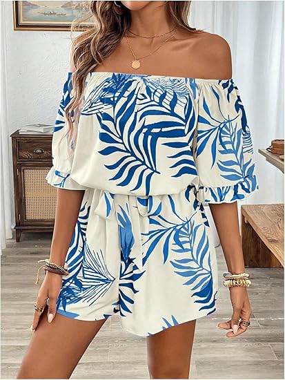 Women's Off The Shoulder Romper Boho Elastic Waist Shorts Jumpsuit Dressy Casual Vacation Outfits