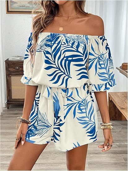 Women's Off The Shoulder Romper Boho Elastic Waist Shorts Jumpsuit Dressy Casual Vacation Outfits