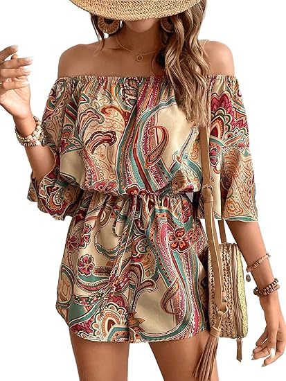 Women's Off The Shoulder Romper Boho Elastic Waist Shorts Jumpsuit Dressy Casual Vacation Outfits