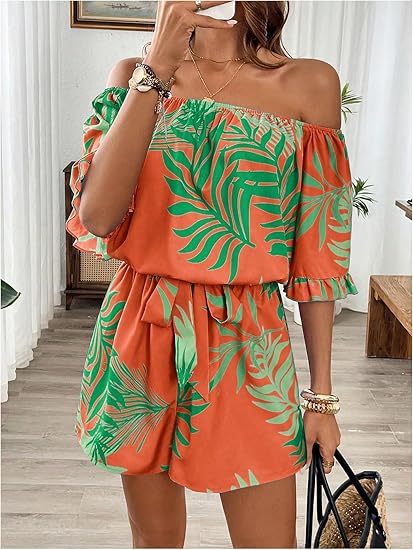 Women's Off The Shoulder Romper Boho Elastic Waist Shorts Jumpsuit Dressy Casual Vacation Outfits