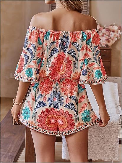 Women's Off The Shoulder Romper Boho Elastic Waist Shorts Jumpsuit Dressy Casual Vacation Outfits