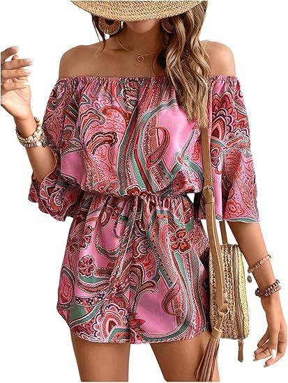 Women's Off The Shoulder Romper Boho Elastic Waist Shorts Jumpsuit Dressy Casual Vacation Outfits