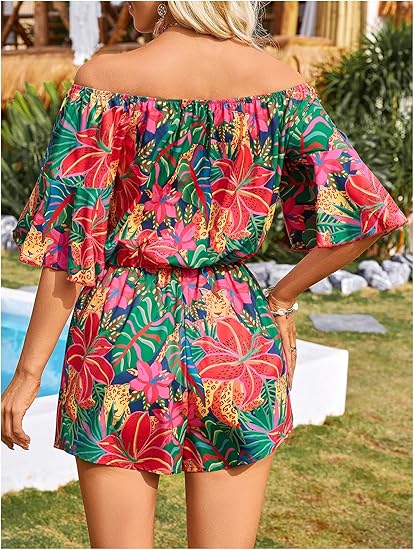 Women's Off The Shoulder Romper Boho Elastic Waist Shorts Jumpsuit Dressy Casual Vacation Outfits