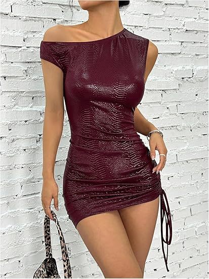 Women's Off Shoulder Pu Leather Mini Dress Sexy Drawstring Ruched Party Club Short Dresses