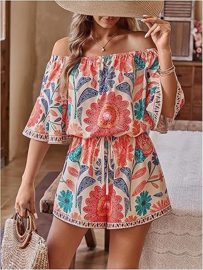 Women's Off The Shoulder Romper Boho Elastic Waist Shorts Jumpsuit Dressy Casual Vacation Outfits