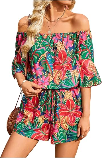 Women's Off The Shoulder Romper Boho Elastic Waist Shorts Jumpsuit Dressy Casual Vacation Outfits