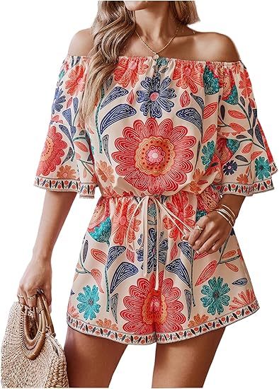 Women's Off The Shoulder Romper Boho Elastic Waist Shorts Jumpsuit Dressy Casual Vacation Outfits