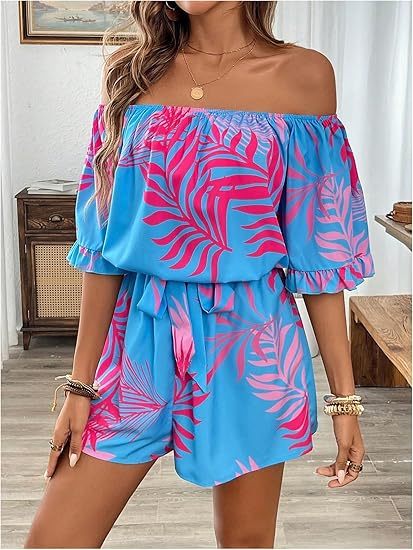 Women's Off The Shoulder Romper Boho Elastic Waist Shorts Jumpsuit Dressy Casual Vacation Outfits