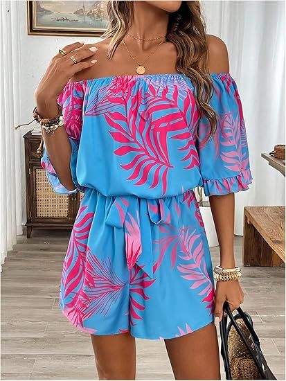 Women's Off The Shoulder Romper Boho Elastic Waist Shorts Jumpsuit Dressy Casual Vacation Outfits