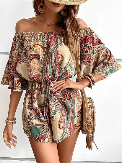 Women's Off The Shoulder Romper Boho Elastic Waist Shorts Jumpsuit Dressy Casual Vacation Outfits
