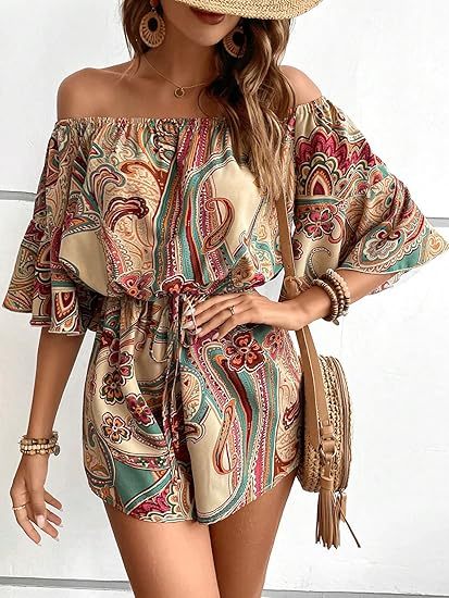 Women's Off The Shoulder Romper Boho Elastic Waist Shorts Jumpsuit Dressy Casual Vacation Outfits