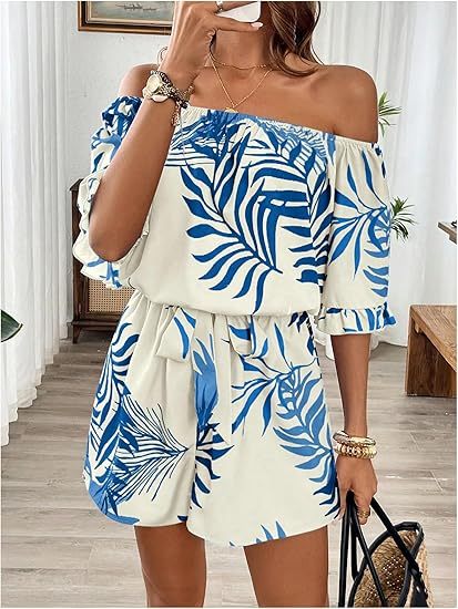 Women's Off The Shoulder Romper Boho Elastic Waist Shorts Jumpsuit Dressy Casual Vacation Outfits