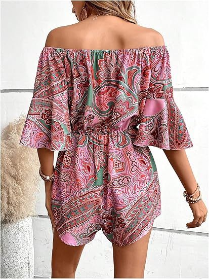 Women's Off The Shoulder Romper Boho Elastic Waist Shorts Jumpsuit Dressy Casual Vacation Outfits